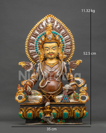 Dzambhala Statue front view, oxidized copper wealth deity with gold-gilded robes and silver accents