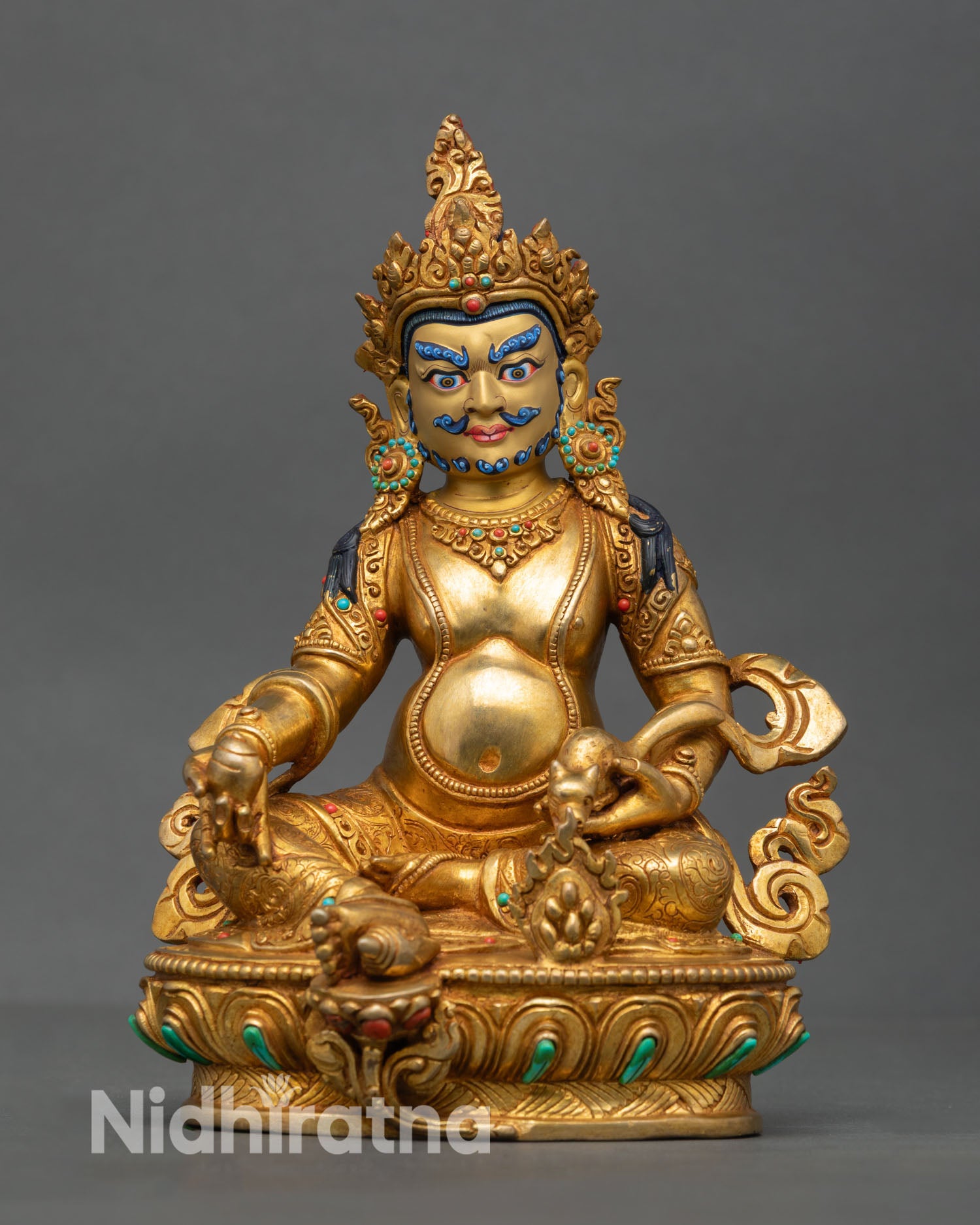 Dzambhala statue front view wealth deity 24K gold painted face copper Nepal lotus pedestal prosperity altar sculpture