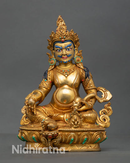 Dzambhala statue front view wealth deity 24K gold painted face copper Nepal lotus pedestal prosperity altar sculpture