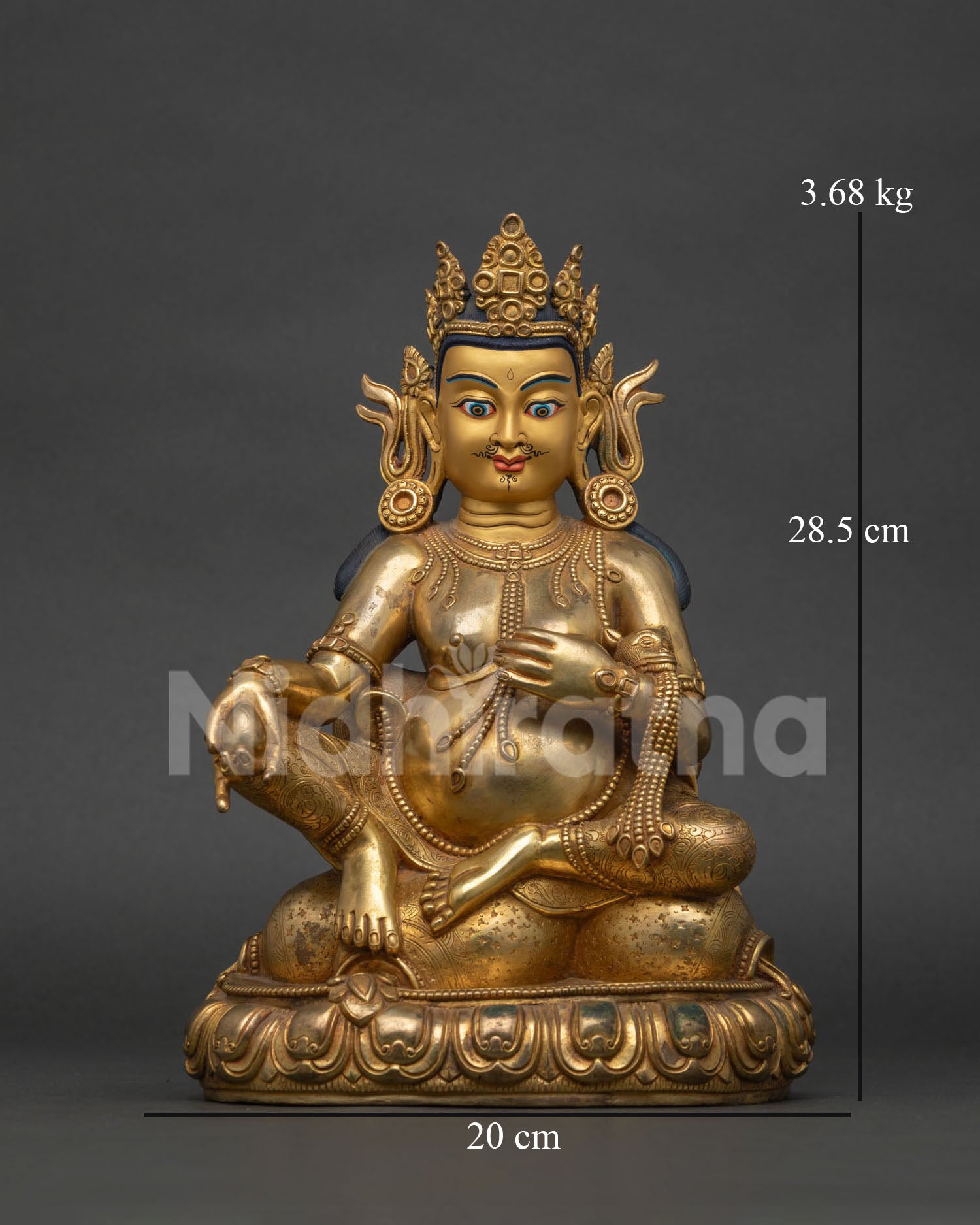Dzambhala Statue front view, wealth deity holding jewel-spitting mongoose, handmade Nepal