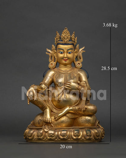 Dzambhala Statue front view, wealth deity holding jewel-spitting mongoose, handmade Nepal