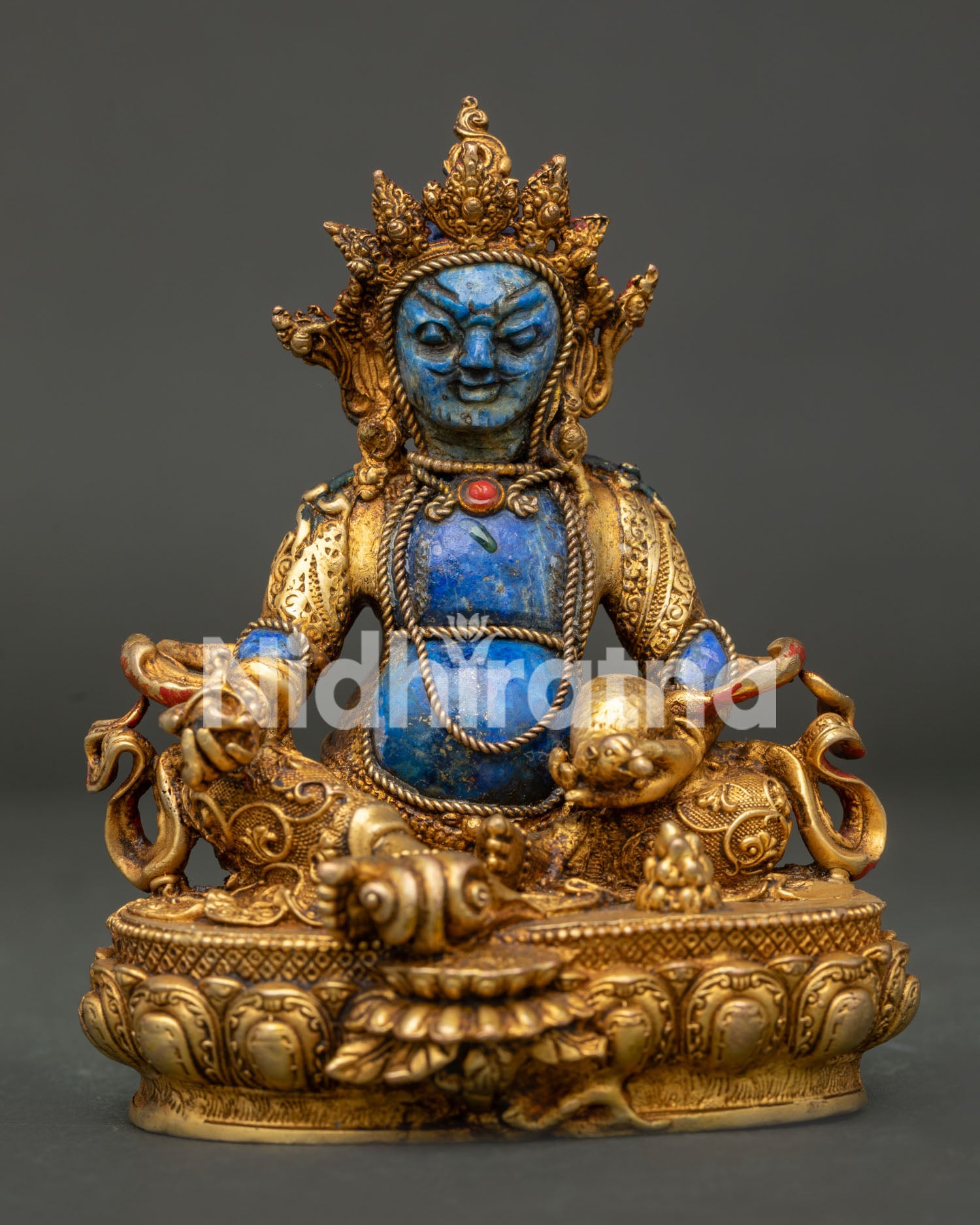 Dzambhala Statue front view with semi precious lapis lazuli body and gold gilded copper details