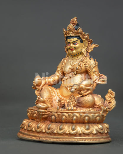 Dzambhala statue hand carved double lotus pedestal with intricate details.