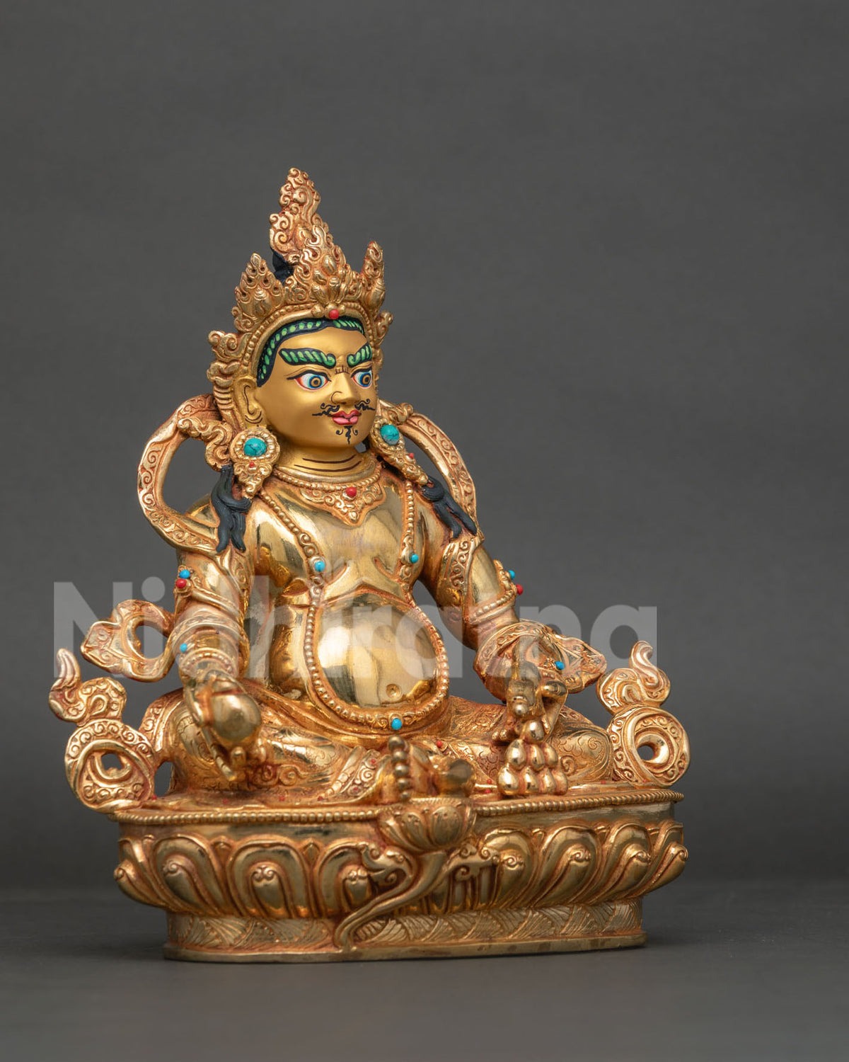 Dzambhala statue hand carved lotus pedestal floral silk garment.