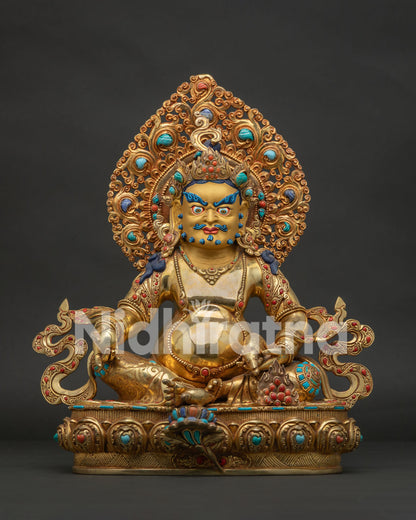Dzambhala Statue handcrafted in copper with 24K gold gilding and semi-precious stones