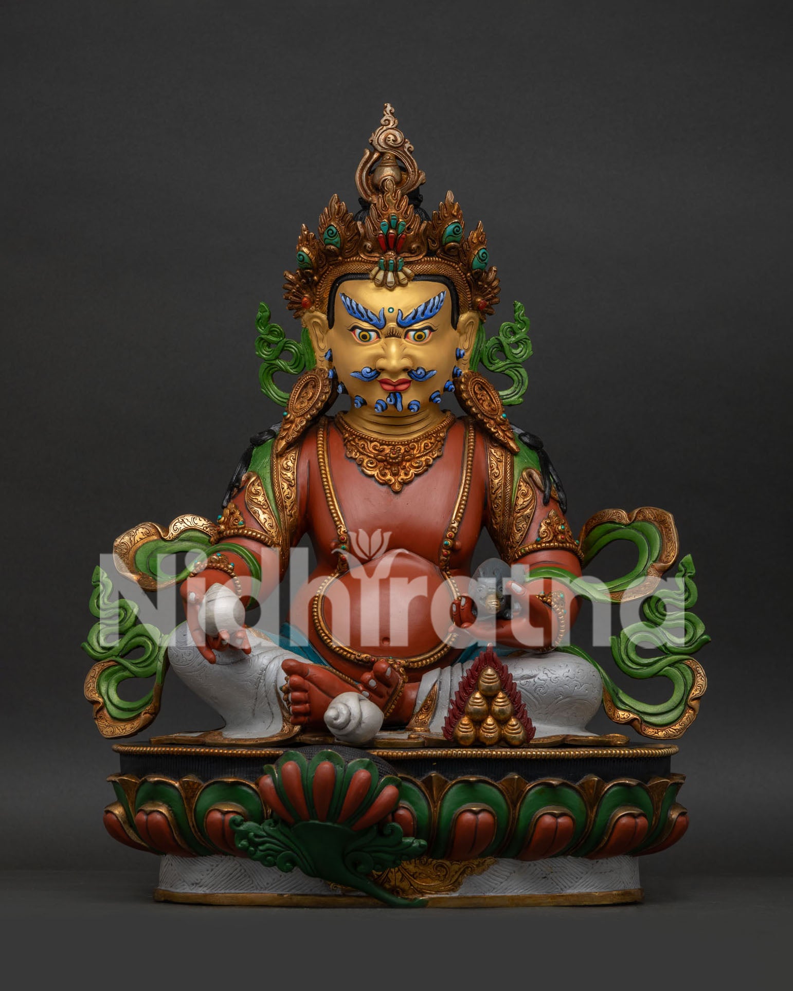 Dzambhala Statue, handcrafted in Nepal with gold painted face and lotus throne