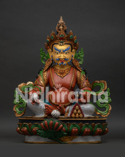 Dzambhala Statue, handcrafted in Nepal with gold painted face and lotus throne