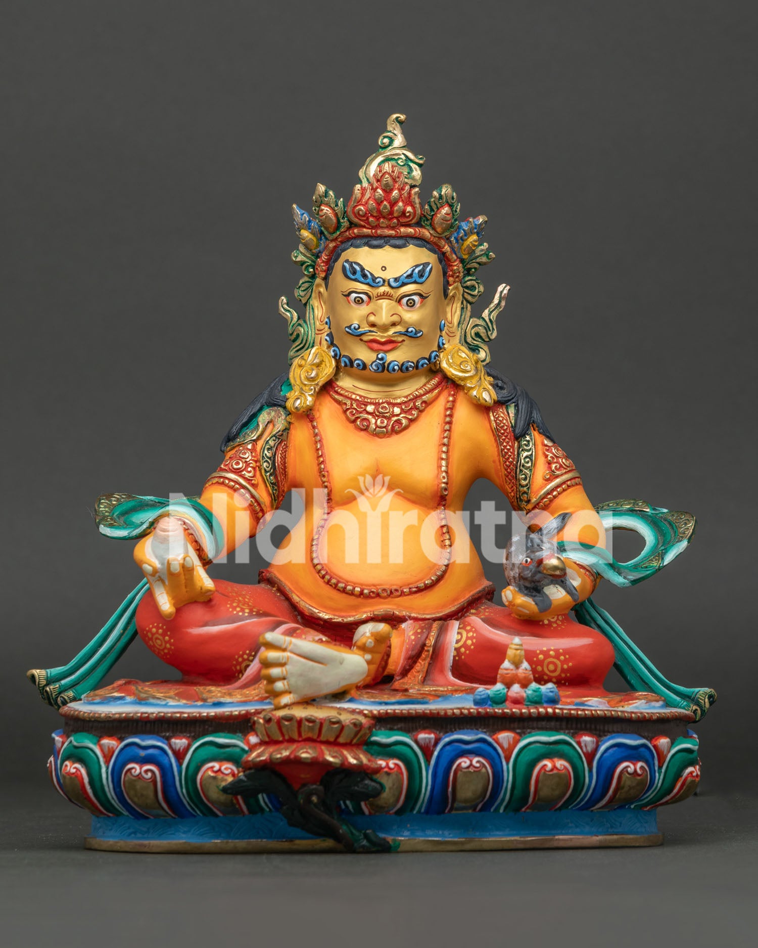 Dzambhala statue, handmade in Nepal wealth deity with gold painted face