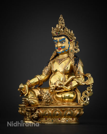 Dzambhala Statue left side view, 24K gold gilded copper, handcrafted Nepalese wealth deity