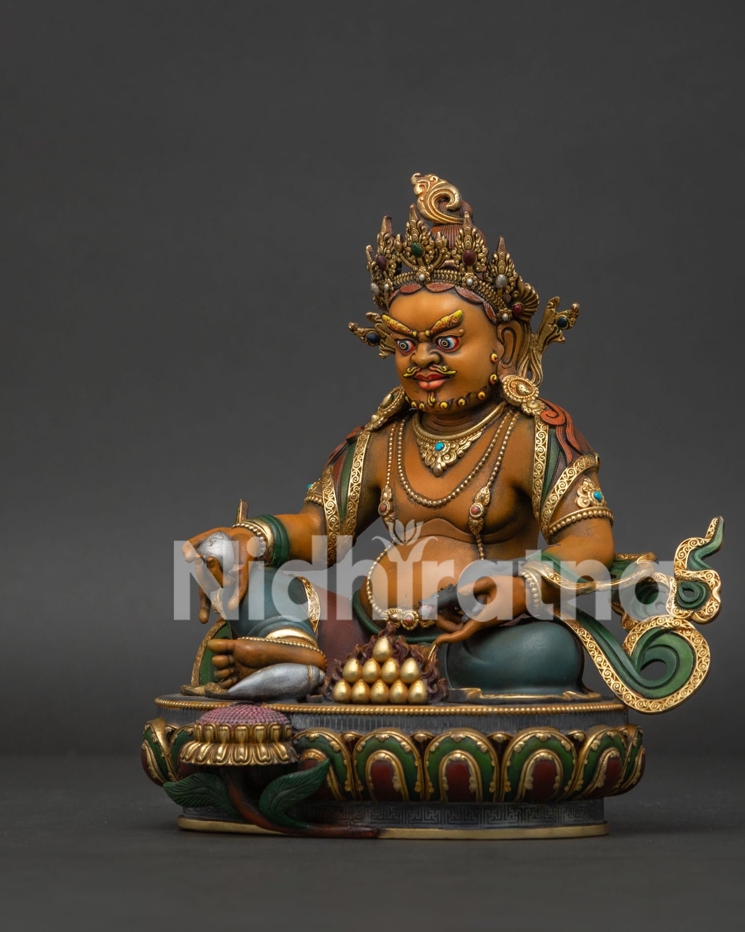 dzambhala statue left side view hand painted copper wealth deity sculpture nepal