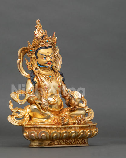 Dzambhala statue right side view hand carved lotus pedestal mongoose.