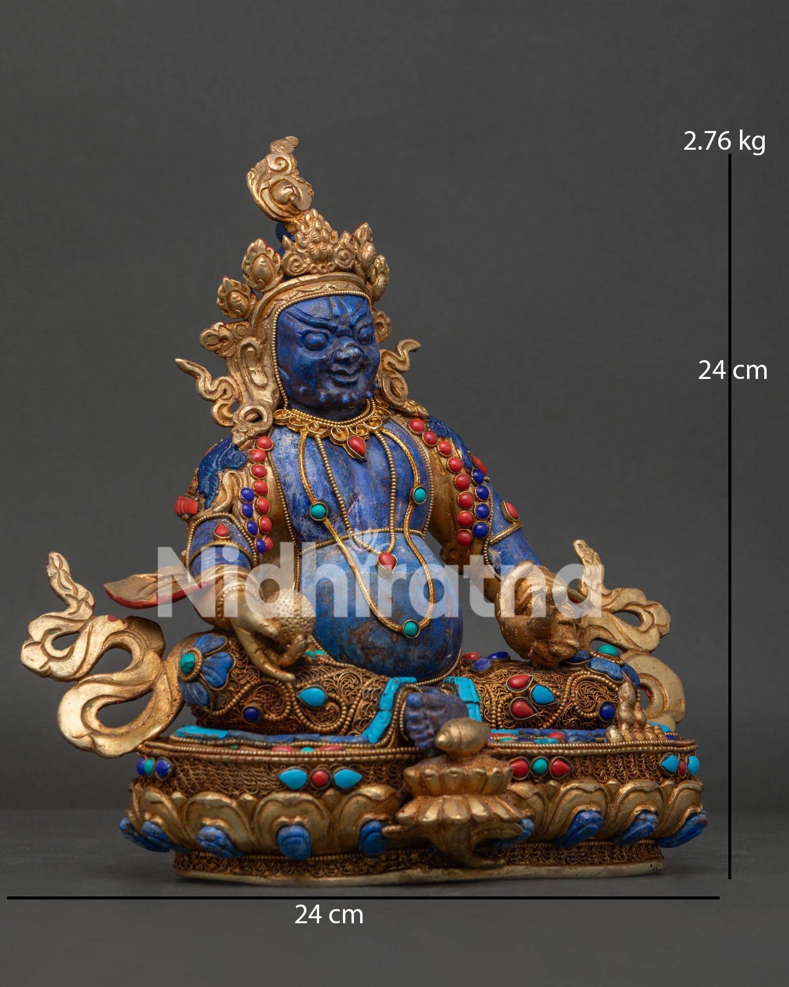 Dzambhala Statue side view holding mongoose and citron fruit with traditional Buddhist craftsmanship