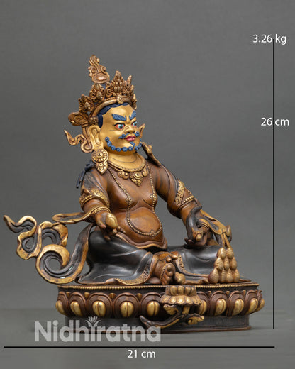 Dzambhala statue side view seated posture conch shell lotus base extended leg Himalayan prosperity deity handmade Nepal sculpture