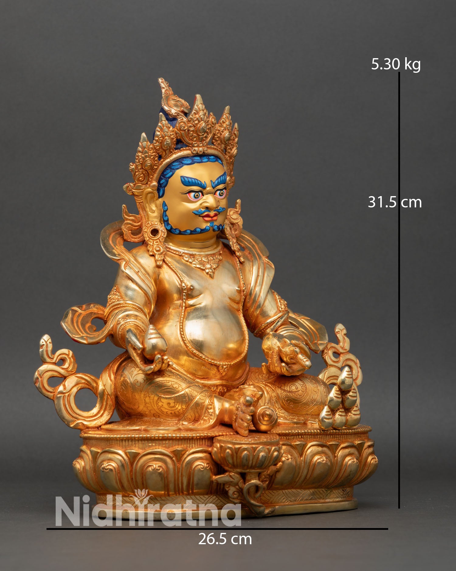 Dzambhala statue side view seated posture lotus base richly decorated robes Himalayan prosperity deity sculpture Nepal