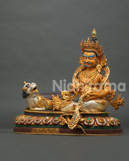 Dzambhala statue side view with silver-plated snow lion lotus throne Nepalese art