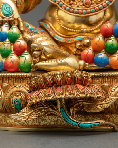 Dzambhala statue three-quarter left view seated royal ease posture Newar craftsmanship