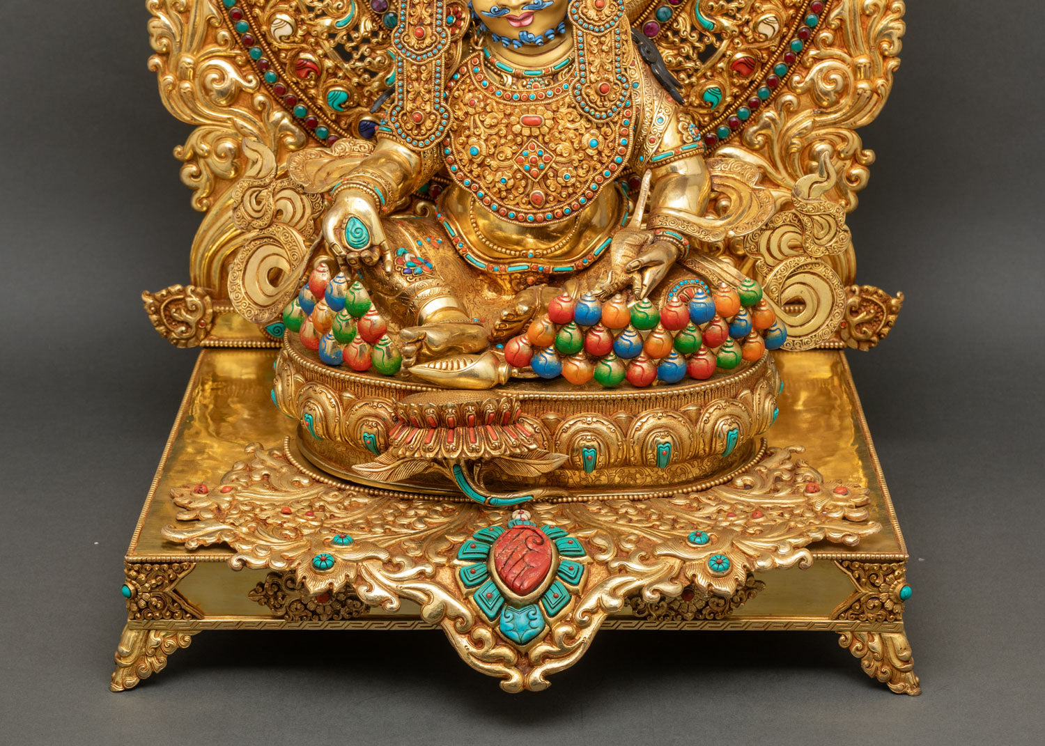 Dzambhala Throne Front Panel Detail Carved Gold Scrollwork Nepal Buddhist Statue