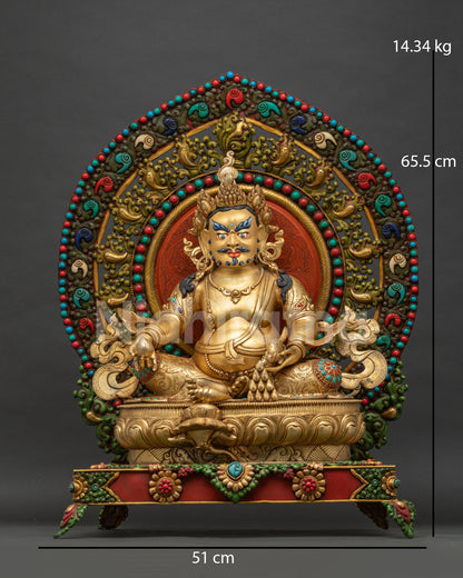 Dzambhala throne statue front view, gold gilded copper Nepal Buddhist wealth deity