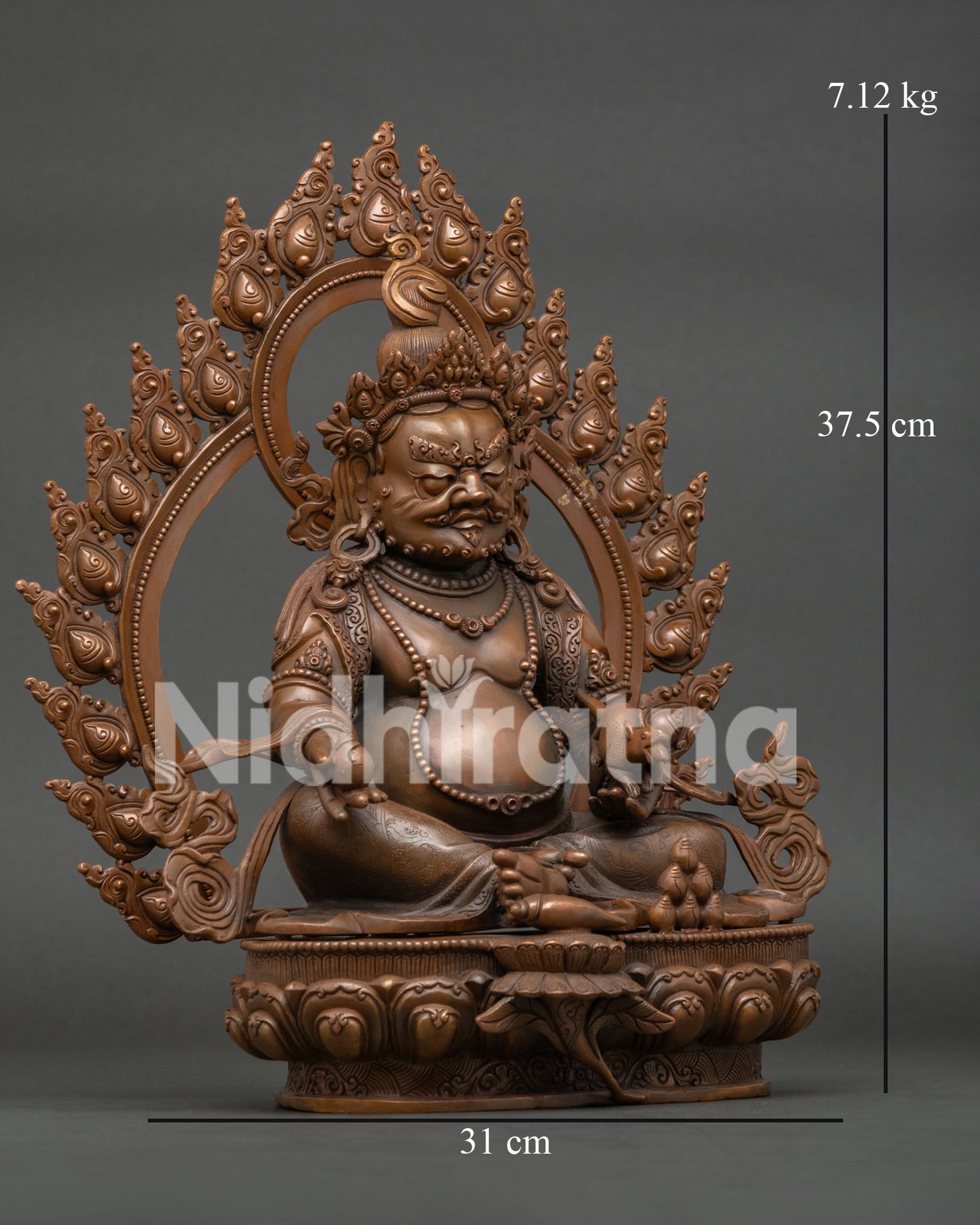 Dzambhala wealth deity statue with treasure mongoose citron fruit and floral engravings