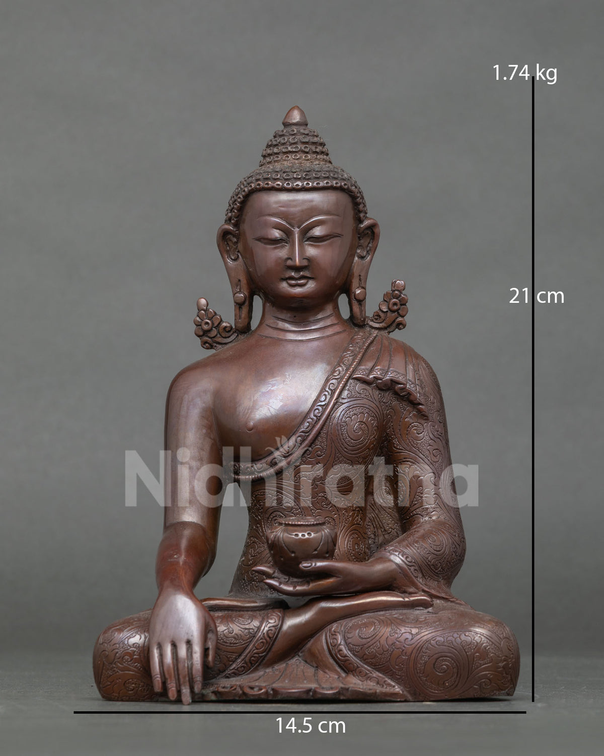 Earth-touching Shakyamuni Buddha statue in oxidized copper, front view