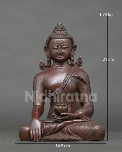Earth-touching Shakyamuni Buddha statue in oxidized copper, front view