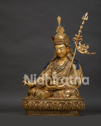 Left profile view of handcrafted 24K gold Padmasambhava statue