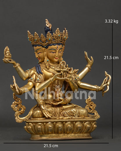 Eight armed Namgyalma statue side view displaying vajra longevity vase bow arrow and sacred attributes.