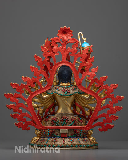 Eighteen armed Chundi statue with filigree carving and stone inlays