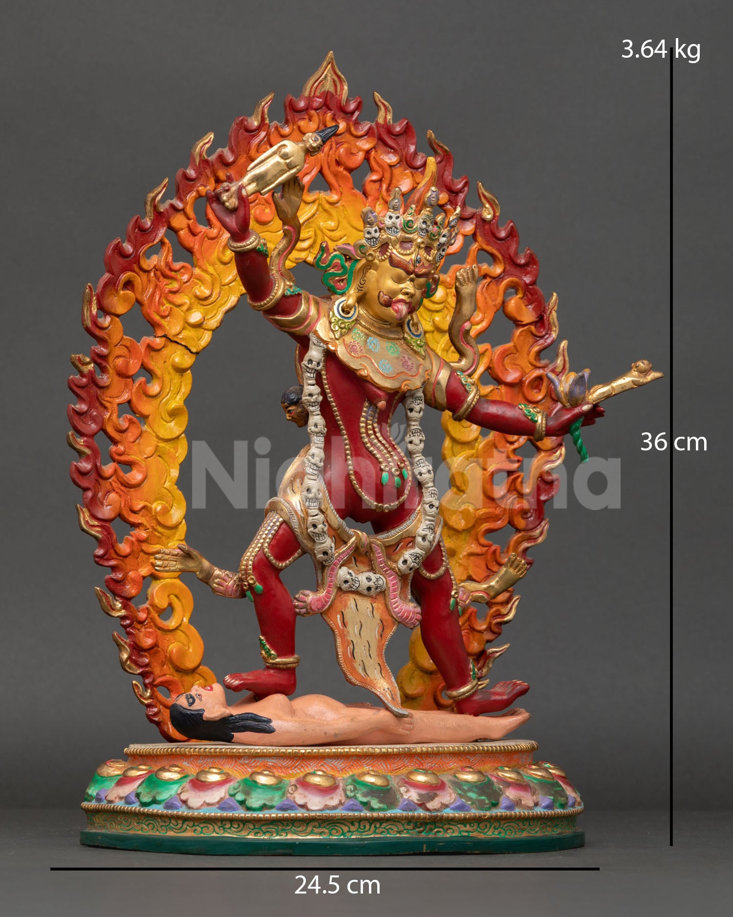 Ekajati statue right side view hand-painted copper protector with flaming halo and detailed ornaments