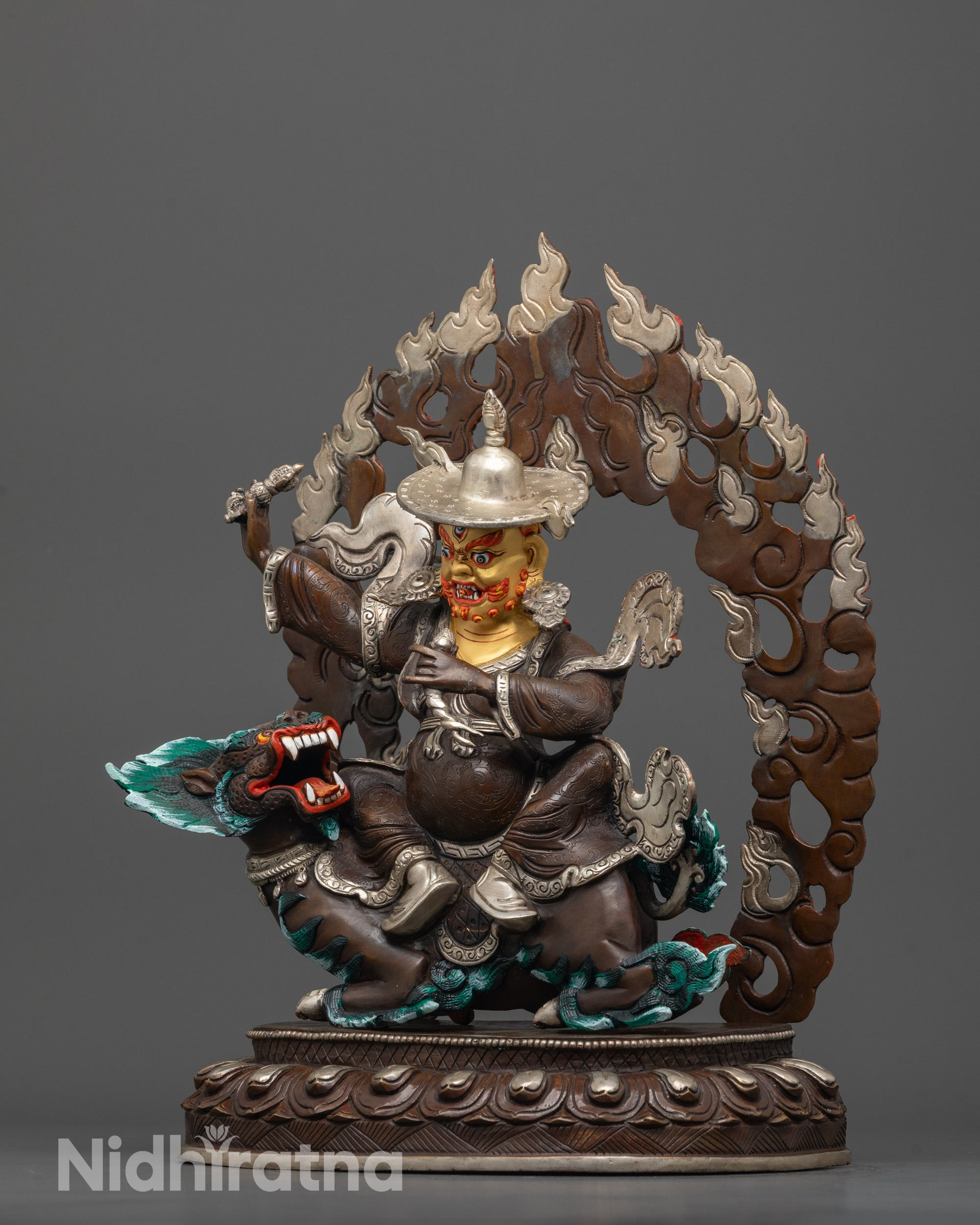 ekajati rahula dorje legpa statue set back view sacred trio handcrafted with silver plating
