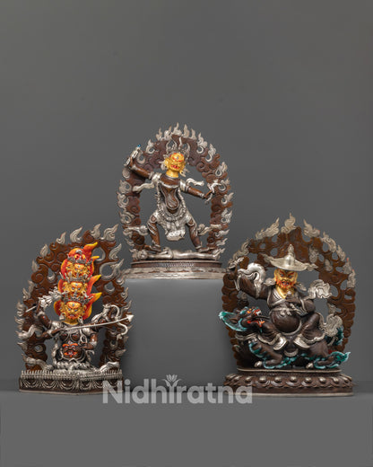 ekajati rahula dorje legpa statue set front view gold-gilded faces silver-plated finish