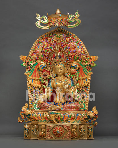 Enthroned Green Tara statue full front view, multicolor fire-gilded Nepali Buddhist sculpture