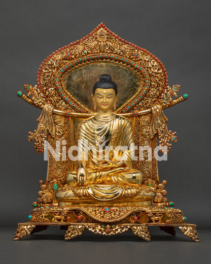 Enthroned Shakyamuni Buddha Statue with Jeweled Throne Handmade 24K Gold Gilded in Nepal