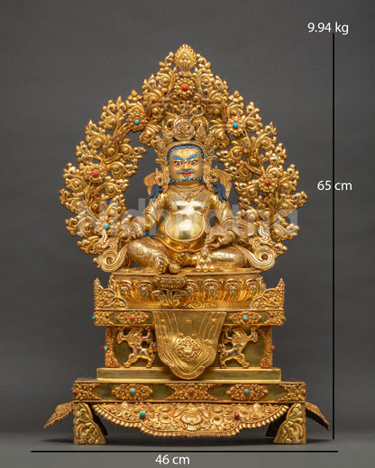 Enthroned Yellow Dzambhala statue front view, 24K gold fire-gilded copper on lion-supported throne