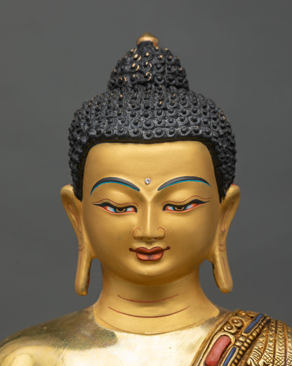 Face close-up of Amitabha Buddha with serene expression and 24K gold finish