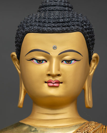 face close up shakyamuni buddha serene gold face bhumisparsha mudra nepal artisan detail