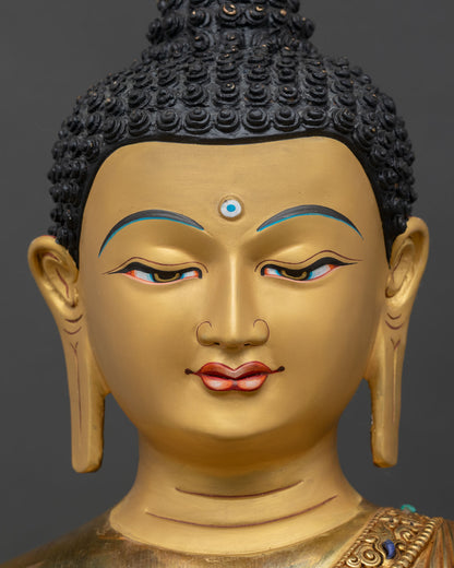 face close up shakyamuni buddha, serene gold painted expression buddhist art