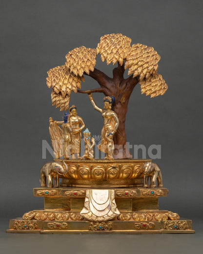 First Step Gautama Buddha Statue handcrafted in Nepal with 24K gold fire gilding and sacred birth scene