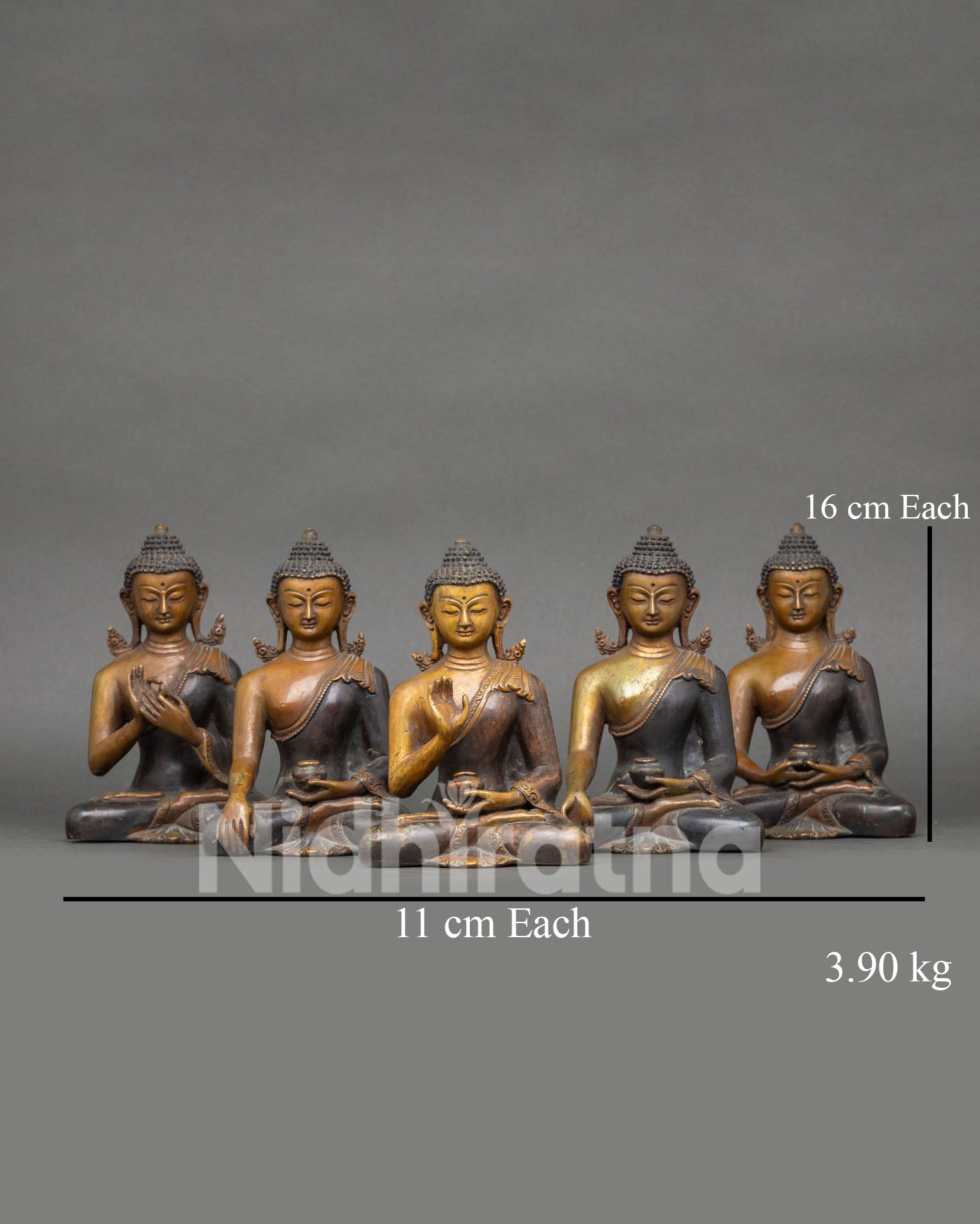 Five Dhyani Buddhas set statue oxidized copper handmade Newari artisan from Patan Nepal Vajrayana altar meditation sacred Buddhist sculpture collection