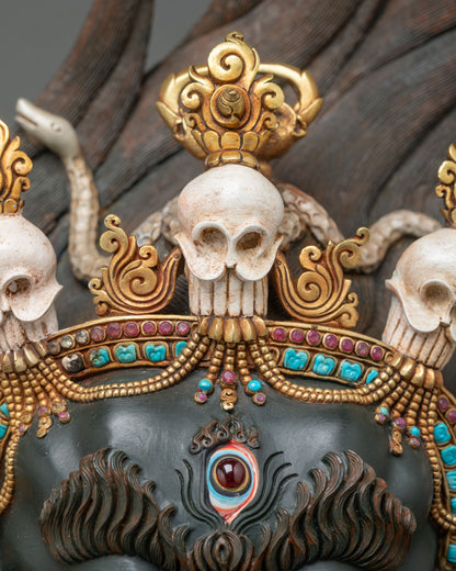 Five-skull crown and third eye of Mahakala Bernagchen set with genuine turquoise and precious stones