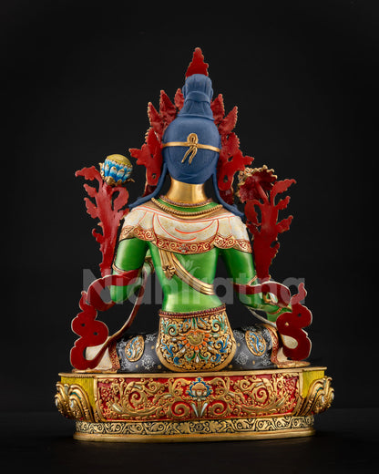 Focus on robe patterns and gold gilding craftsmanship of Green Tara Statue