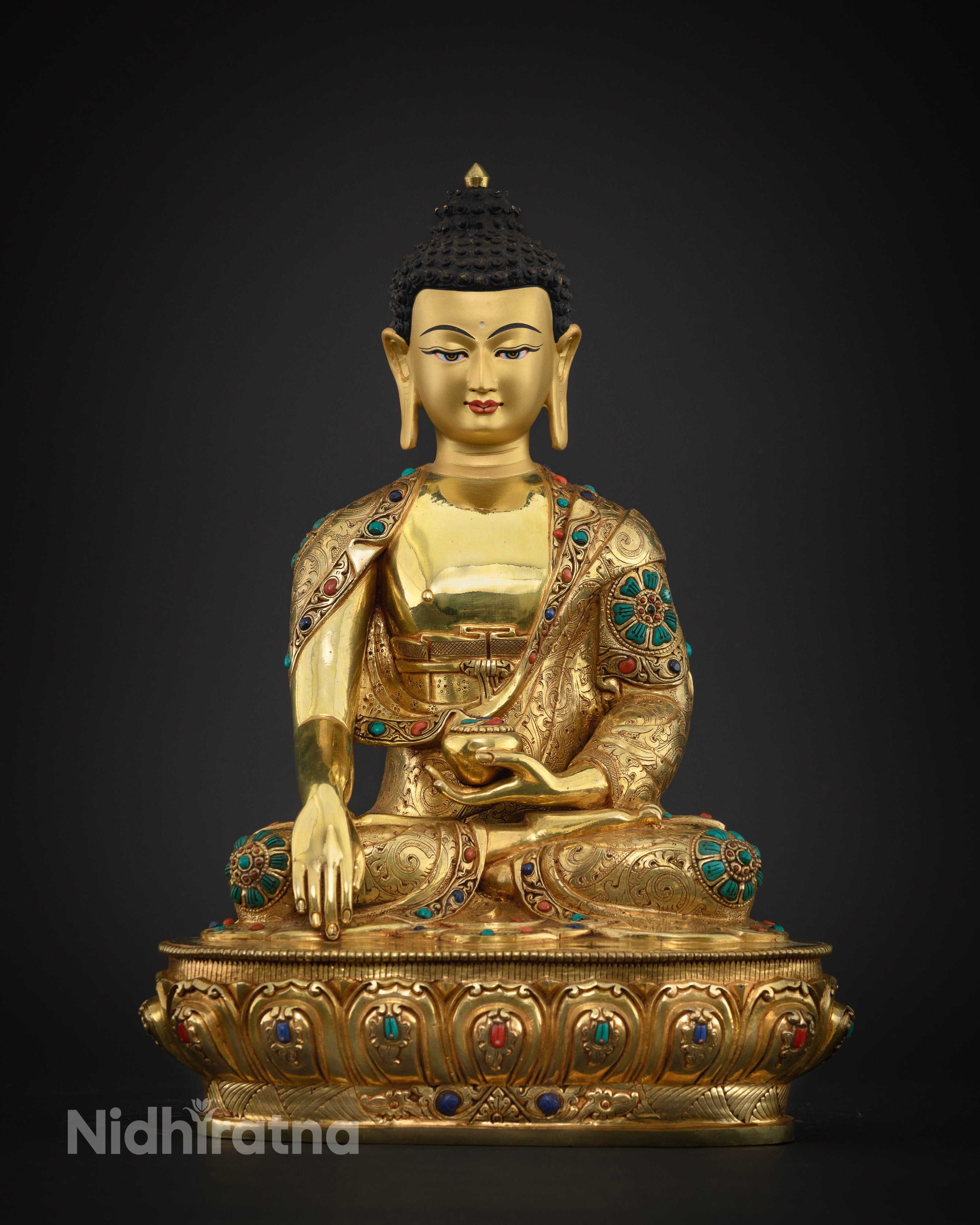 Front View Shakyamuni Buddha Statue in gold fire-gilded copper, Bhumisparsha Mudra pose