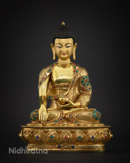 Front View Shakyamuni Buddha Statue in gold fire-gilded copper, Bhumisparsha Mudra pose
