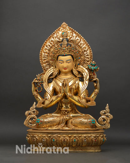 four arm chenrezig statue front view gold gilded copper avalokiteshvara nepal