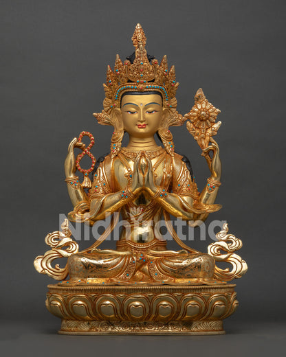 four arm chenrezig statue handcrafted copper with gold gilding from nepal