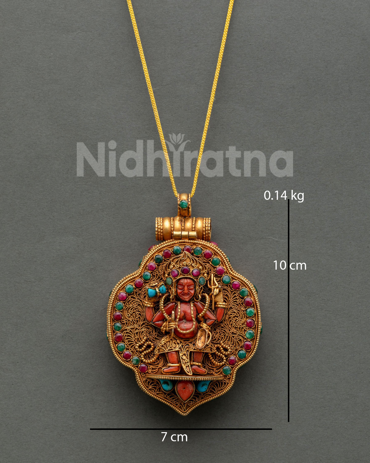 Four-Arm Mahakala Ghau Mala Tibetan Buddhist pendant on gold cord, front view