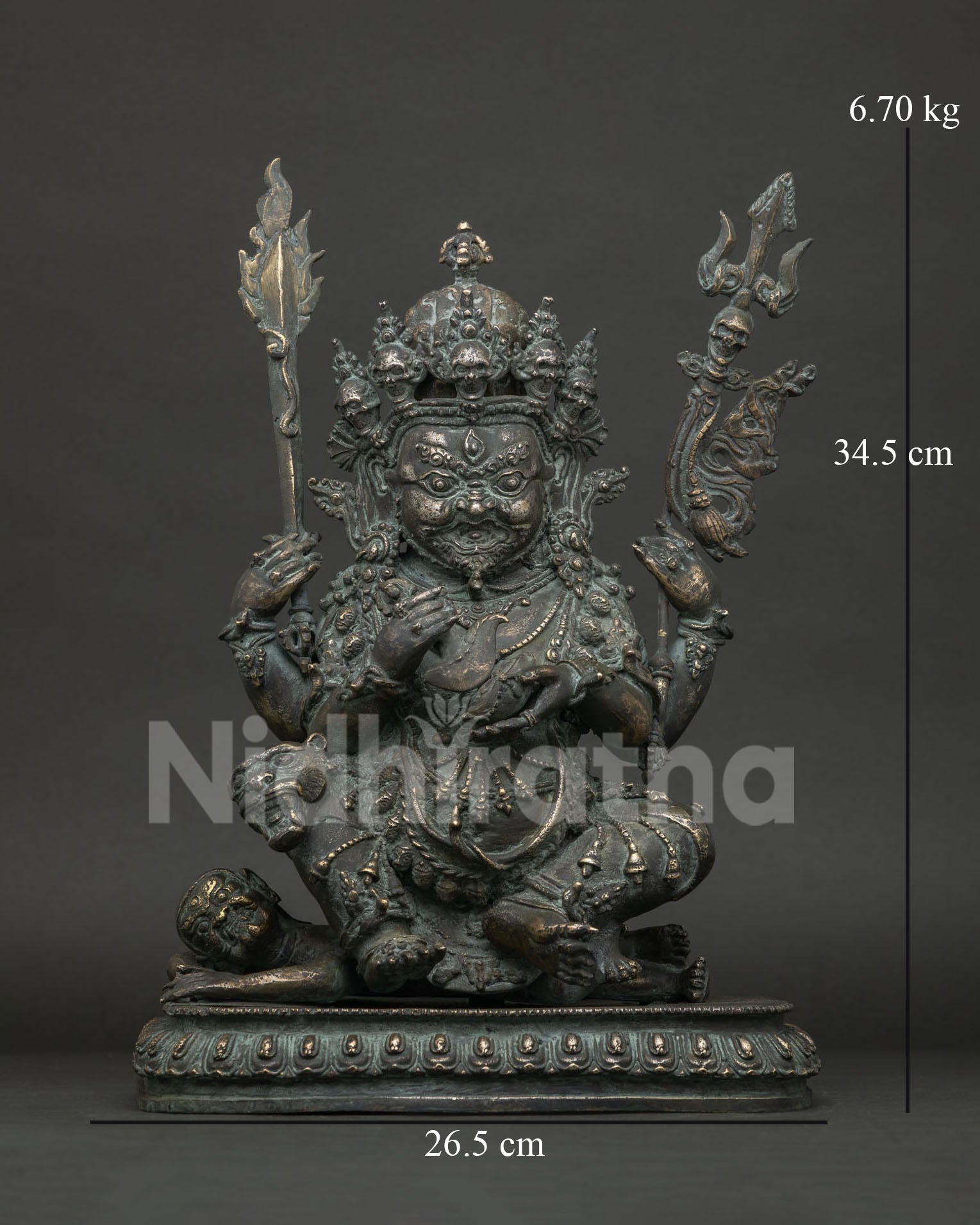 Four-Armed Mahakala Statue Cambodia, handcrafted bronze Tibetan Buddhist protector deity front view