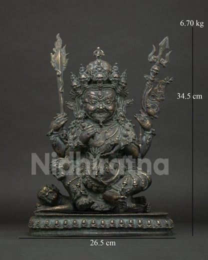 Four-Armed Mahakala Statue Cambodia, handcrafted bronze Tibetan Buddhist protector deity front view