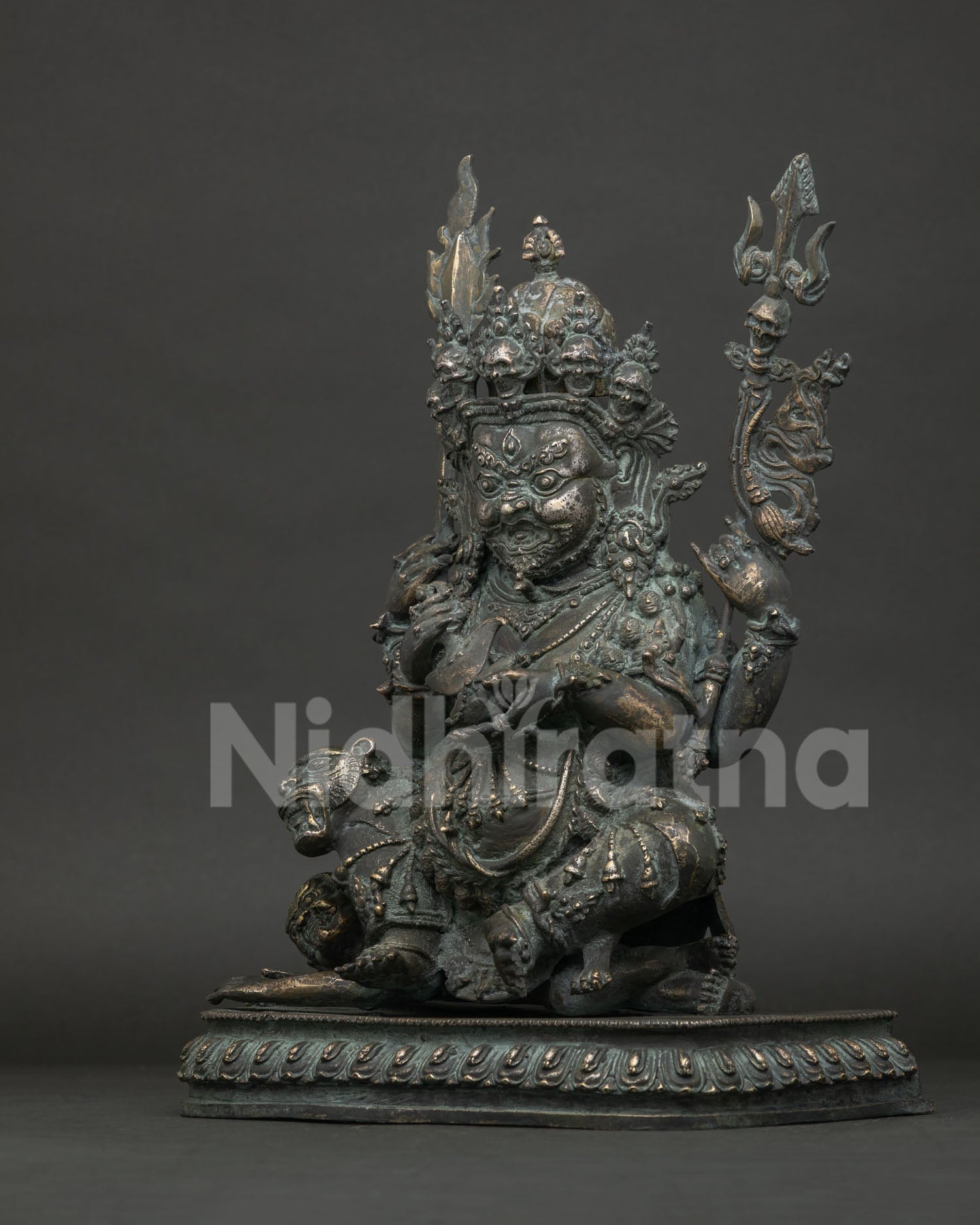 Four-Armed Mahakala Statue Mongolia left side view, handcrafted bronze sculpture