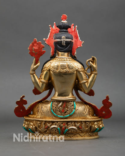 Four-Armed Avalokiteshvara back view, engraved floral designs on lotus base with gold finish